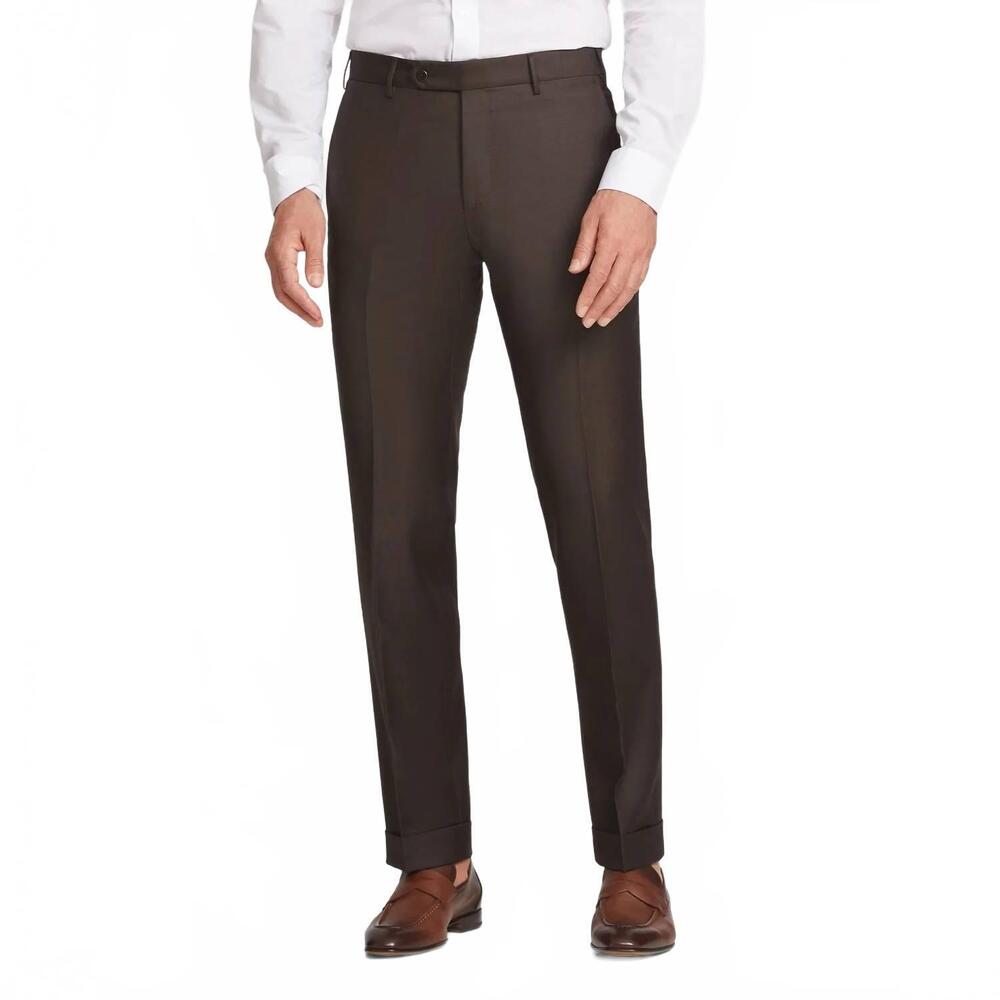 NEW ZANELLA parker flat front sharkskin wool trouser in brown